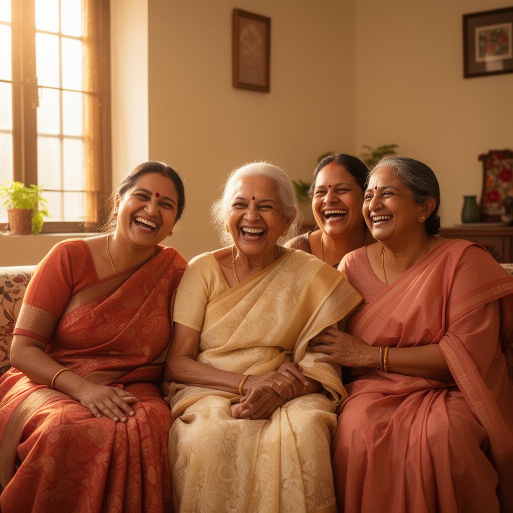 Three generations of an Indian family laughing together at home