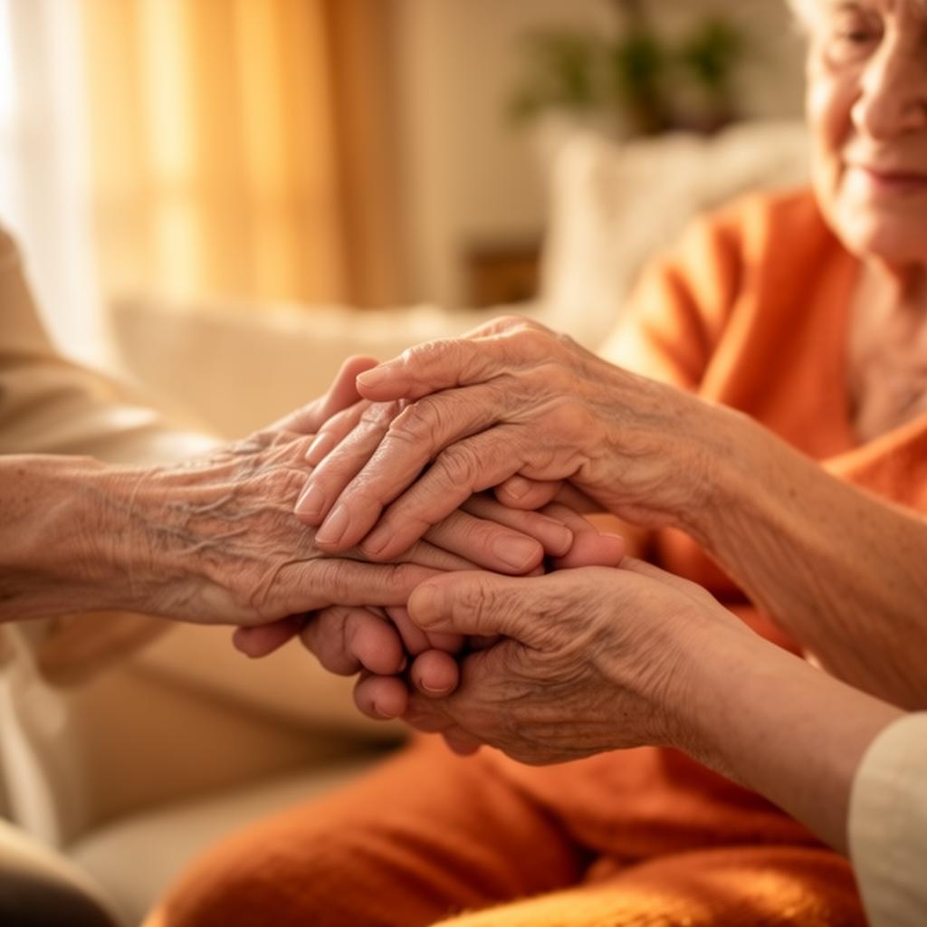 Caregiver's hands gently holding an elderly patient's hands